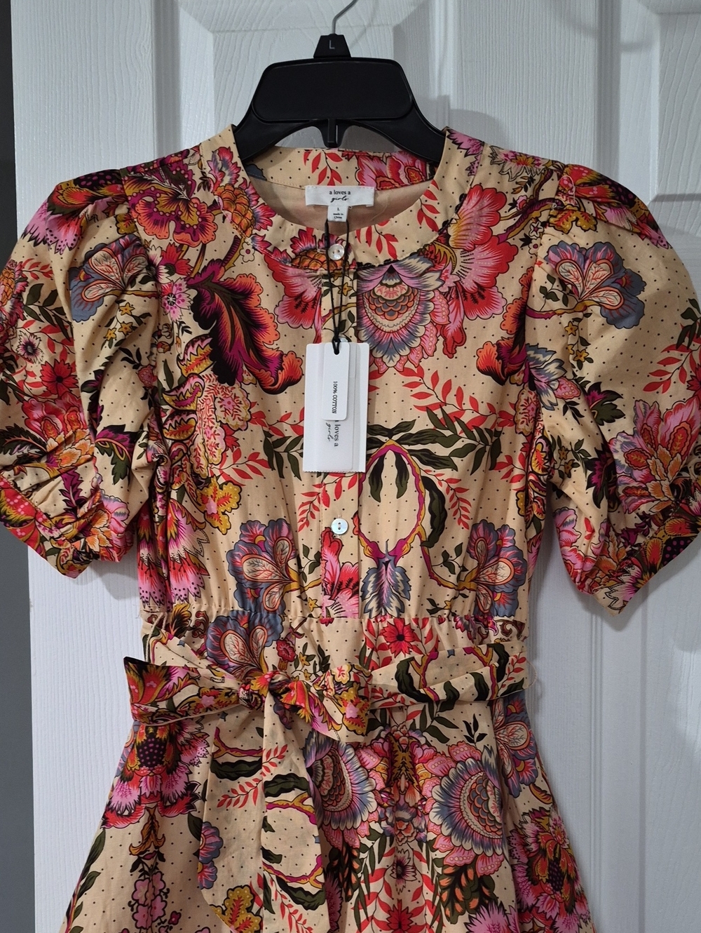NWT A LOVES A Floral Bubble Tie-Waist Puff Sleeve Dress in Beige and Pink, Large - Picture 2 of 9